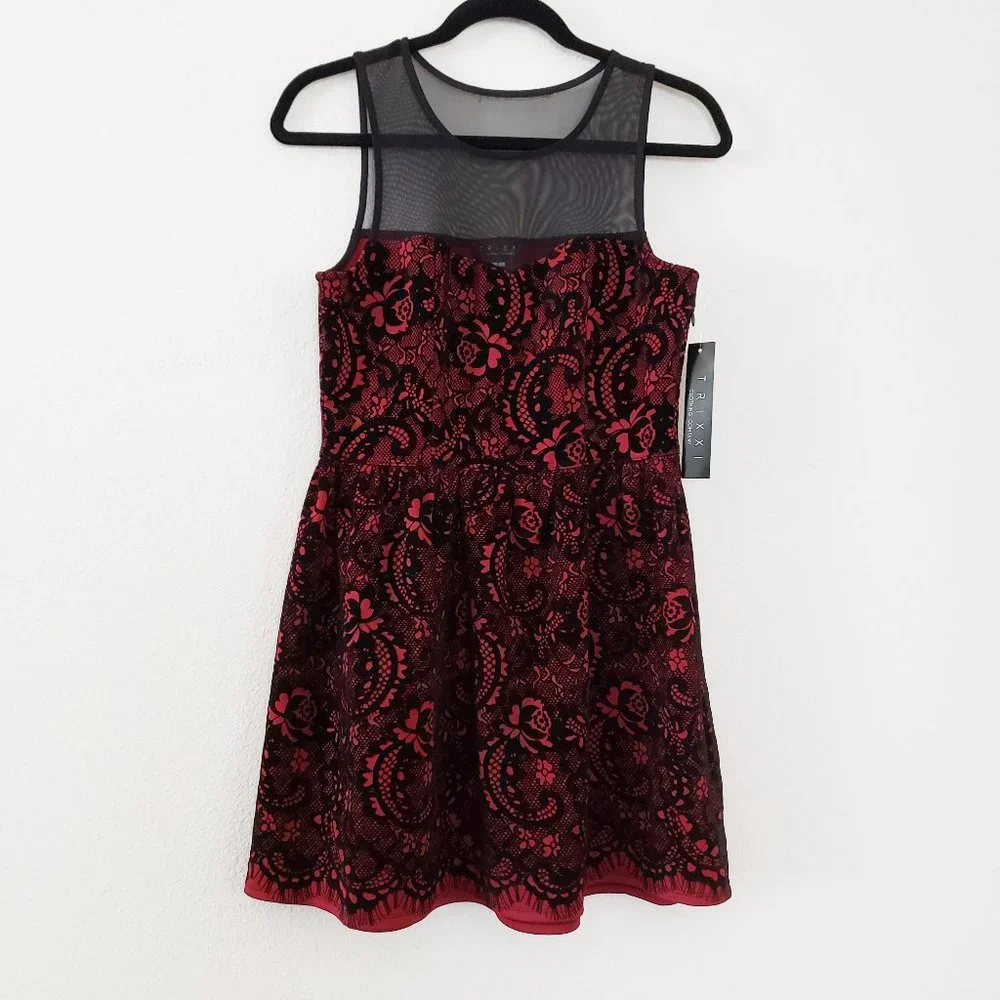 Trixxi Mesh Flocked Skater Dress Size L - Picture 1 of 8